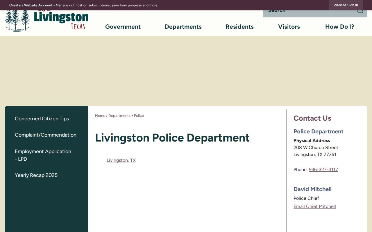 Polk County Livingston Police Department record contact page