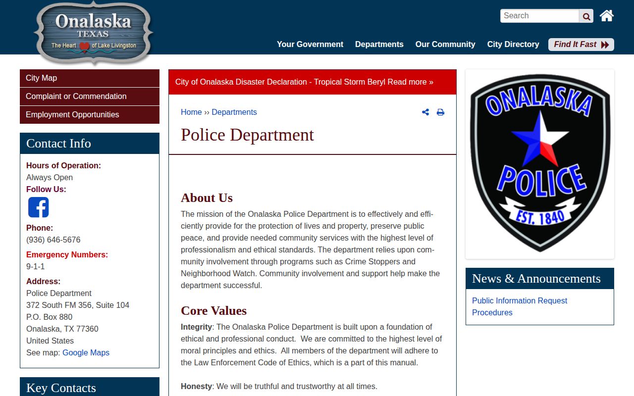 Polk County Onalaska Police Department public records contact page