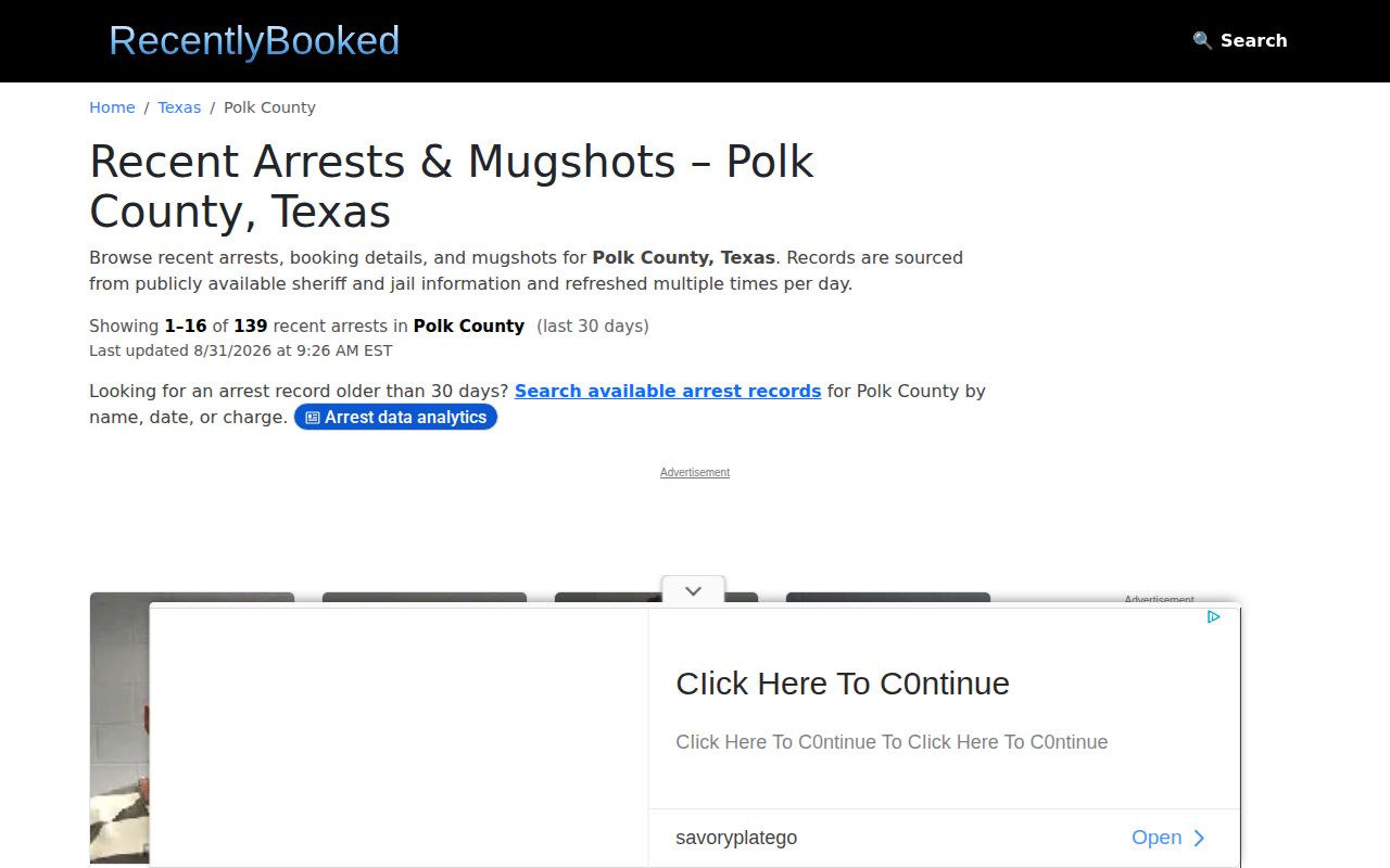 Unofficial Polk County booking-record listing interface shown as a caveated media example